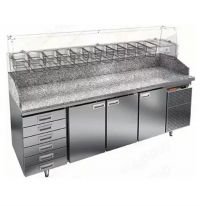 Холодильный стол для пиццы HiCold PZ4-111/GN 6R, 2360 мм, под витрину, камен. столешн., 3 двери, доп. модуль