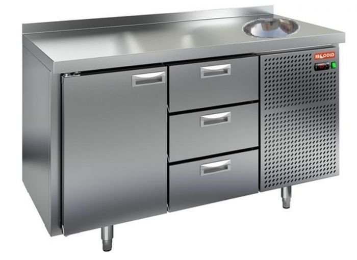 Холодильный стол HiCold SN 13/TNС, с мойкой, 1390 мм, 1 дверь, 3 ящика