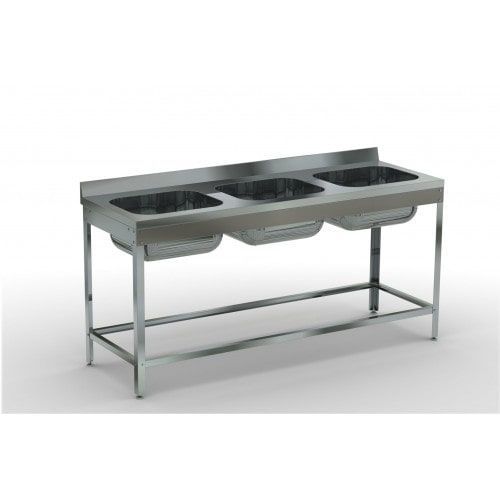 Ванна моечная ВМЦп-1800/600, цельнотянутая трехсекционная, нержавеющая сталь, каркас-труба нерж., борт