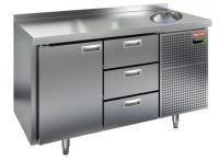Холодильный стол HiCold GN 13/TNС, с мойкой, 1390 мм, 1 дверь, 3 ящика